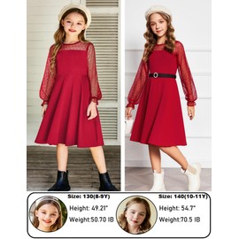 Arshiner Arshiner Girl's Sheer Mesh Lantern Long Sleeve Red Christmas High Waist Elegant Party Short Dress 9-10 Years