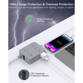 Surge Protector Power Strip 10 Ft Cord, HANYCONY Extension Cord with Multiple Oulets, 8 AC Outlets 4 USB (2 USB C) Ports, Flat Plug, Wall Mount Desk USB Charging Station for Home