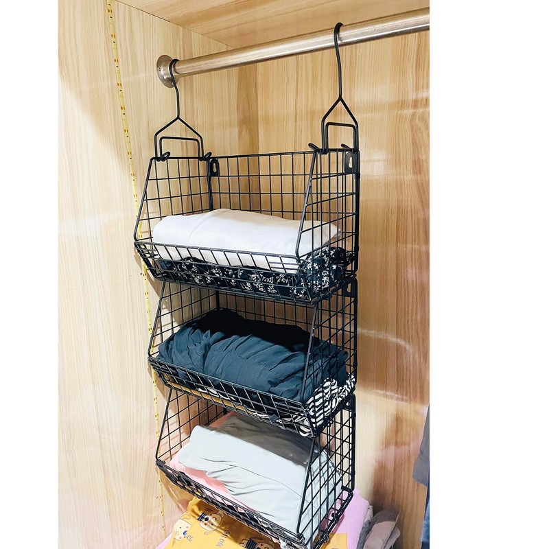 3 Tier Hanging Foldable Wire Baskets Closet Organizer Clothes Shelves