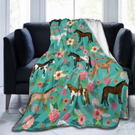 HAZIMCS Flannel Fleece Plush Throw Blanket,Horses Floral Horse Breeds Farm Animal Pets Flowers Pattern Throw for Spring Recliner, Air Conditioning Blanket Quality Washable 80x60 inch, Black