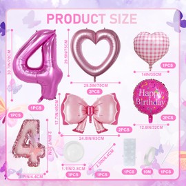 JonesLi 9-Pack Butterflies Candle and Bow Balloons Set，with 1 Pcs Number 4 Butterflies Candle，8 Pcs Pink Butterfly Bow Balloons Set，Suitable for Minnie Mouse Themed Party Decorations，Theme Party