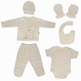 Blue Eyes Newborn Baby Hospital Natural Cotton Jacquard First Equipment Summer Autumn Gift Set Equipment Gift Set Clothing Set with 6 Pieces for Babies 0-4 Months (Ecru)
