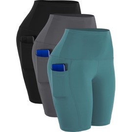 CADMUS 3 Pack Women 9" Biker Compression Short Leggings for Yoga Workout with Big Pockets,3 Pack,1026,Black & Grey & Turquoise,Medium