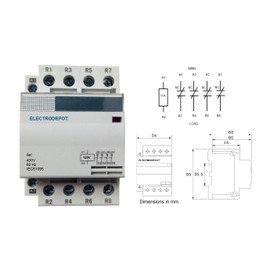 Lighting Contactor 60 Amp 4 Pole 120V Coil, 30A, 40A (NC) Normally Closed IEC Modular NC w DIN Rail