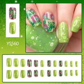 TBRZTR 24Pcs St. Patrick's Day Press on Nails Short Square Three-leaf Clover Flower Design Fake Nails Artificial Glossy Acrylic Nails Full Cover Glossy Press Nails Green Stick on Nails for Women