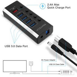 Powered USB Hub, RSHTECH USB 3 Hub with 4 USB 3.0 Data Ports + 1 USB Fast Charging Port, USB Splitter with 24W(12V/2A) Power Adapter and Individual On/Off Switches(A35-Black)
