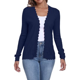 YUNDAI Womens Cardigans Summer Lightweight Cropped Knit Shrugs Solid Color Cardigan for Women UK Long Sleeve Loose Sweater Beach Cover-up, XXL Navy