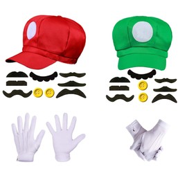 Mailfull Mario and Luigi Costume Accessories Adult Carnival Costume with Caps Moustache Gloves Buttons for Cosplay Carnival Birthday Party, red and green