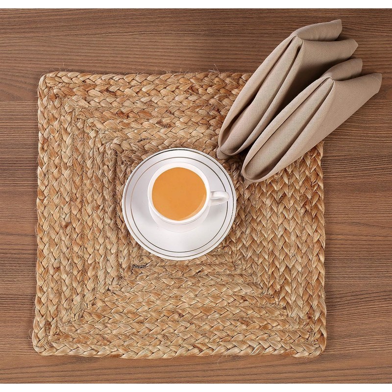 Jute Braided Placemats 12x12 Inches - Natural, Farmhouse Reversible Woven