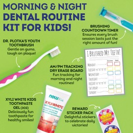 MOUTHWATCHERS Childrens Dental Care Kit: Toothbrush for Kids, 3 oz Strawberry Fluoride Free Toothpaste, Dry Erase Checkboard, Timer, Stickers, Manual Flossing Toothbrushes Gift Set, by Dr. Plotka's