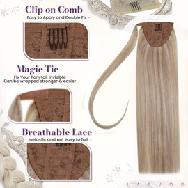 LaaVoo Human Hair Ponytail Extensions Blonde Pony Tail Hair Extensions for Women Ponytail Extension Human Hair Wrap Around Ash Blonde Highlights Bleach Blonde 14 Inch 70g