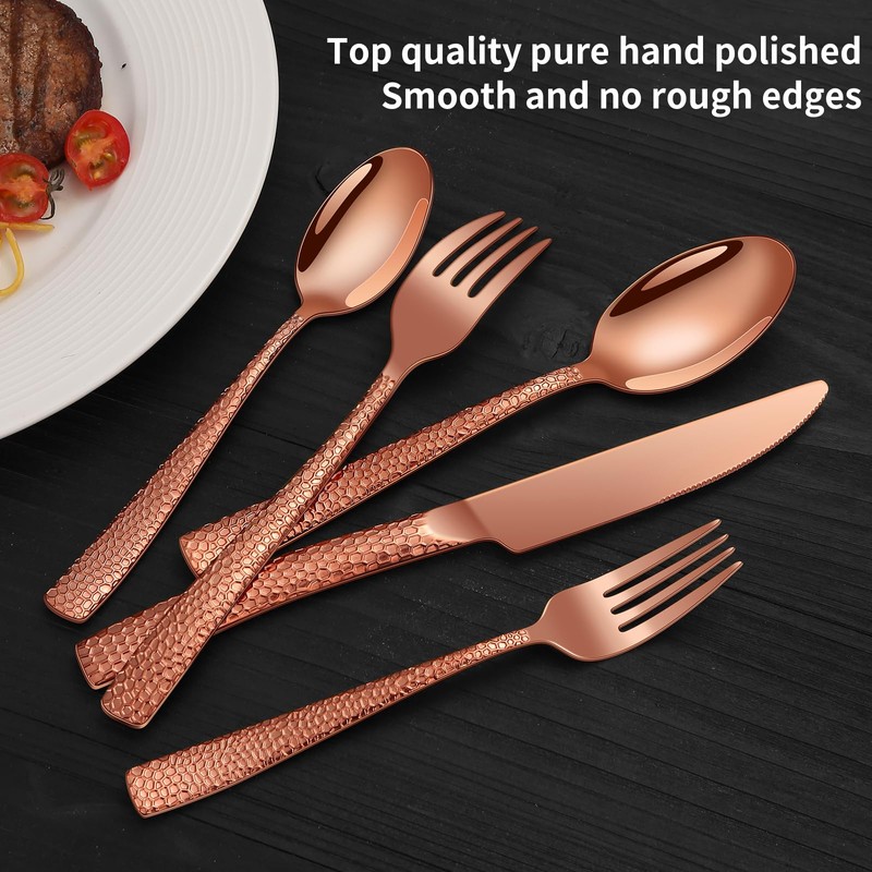 45-Piece Silverware Set with Serving Utensils Set, Rose Gold Hammered