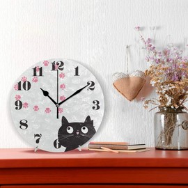 senya Wall Clock Silent Non Ticking, Round Cat and Paw Print Art Clock for Home Bedroom Office Easy to Read