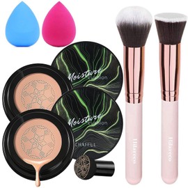 Hilareco 2 PCS Mushroom Head Air Cushion CC Cream Nature Foundation,Foundation Brush Powder Brush,Moisturizing Concealer, Bright Makeup Base Long Lasting with Mushroom Makeup Sponge(#04 Buff Beige)