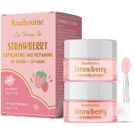 Ruahouine Set De Exfoliante Y Mascarilla Labial De Fresa, Exfoliante Labial De Azúcar Para Aclarar Labios Oscuros, Kit Para El Cuidado De Los Labios, Mascarilla Labial Nocturna, 40 Ml / 2 Piezas
