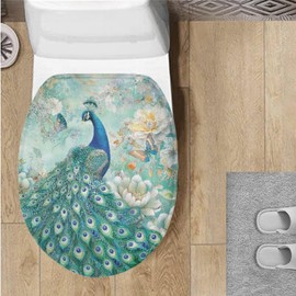 Garucesta Toilet Lid Cover with Elastic Straps Non-Slip Backing Stays in Place Toilet Seat Lid Cover Fits Most Lids Bathroom Toilet Decoration 17.3'' x 13'', Peacock Butterfly Flower Blue Teal