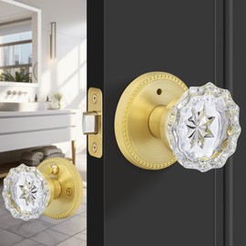Gaurqiah Privacy Crystal Door Knob, Satin Brass Glass Door Knob Interior with Privacy Button, Vintage Crystal Doorknob for Bedroom, Bathroom