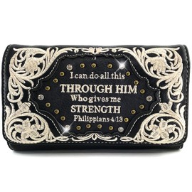Zelris Bible Verse Philippians 4:13 Women Crossbody Wrist Trifold Wallet (Black)