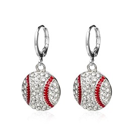 Rhinestone Sport Ball Drop Earrings Shiny Football Basketball Baseball Volleyball Soccer Dangling Earrings for Women Game Day Jewelry Decoration-Baseball White