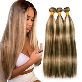 Vinmdonm Blonde & Brown Ombre Straight Hair Bundles, 8-30 Inch, 95-100g/Bundle, Sew-In Installation, 3 Bundles (14, 16, 18 Inch)