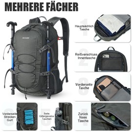 BECOJADDE Hiking Backpack Men Women 40L Ultralight Foldable Backpack Waterproof Travel Backpack Trekking Backpack with Wet Compartment for Hiking, Travel, Cycling and Climbing, gray, Daypack Backpacks