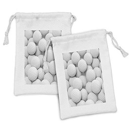 Lunarable Sports Fabric Pouch Set of 2, Pile of Realistic Golf Balls Together Closeup Picture Challenge Entertainment Joyful, Small Drawstring Bag for Toiletries Masks and Favors, 9" x 6", White Grey