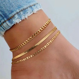 Relveo Gold Ankle Bracelets for Women,14K Gold Plated Anklets for Women Waterproof Anklet Bracelet Adjustable Cuban Link Anklets Set,Layered Anklets for Girls Jewelry Gifts for Mom Women Girlfriend
