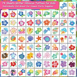CHARLENT Glitter Hibiscus Temporary Tattoos for Aloha Party Decoration - 74 Individually Sheets Glitter Hawaii Flower Tattoos for Kids Women Hawaiian Party Favors