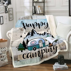 Erosebridal Kids Camping Blanket Happy Camping Throw Blanket for Boys Girls Western Rustic Farmhouse Style Fleece Blanket Vintage Old Barn Door Print Fuzzy Blanket Camper Decor Plush Blanket 50"x60"