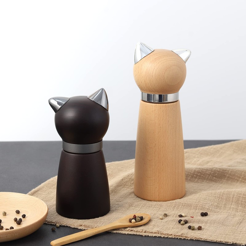 VKCHEF Pepper Mill Wood Salt Rock Mill Cat Design Set