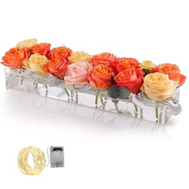 Clear Acrylic Vases for Centerpieces,Rectangle Flower Vase Floral Vase for Dining Table,29cm/11.4 Inch Long Modern Vase for Home Decor Wedding with Led Light,12 Holes