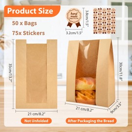 50 Pcs Bread Bags for Homemade Bread, ROOKEA Sourdough Paper Bags with Window 13.7x8.2x3.5in Large Kraft Bakery Paper Packaging with Sealing Stickers for Storage Cookie Food Snack Breakfast