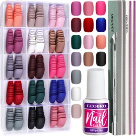 360 Pieces 15 Colours Matte Nails for Sticking LEOBRO False Nails Artificial Small Fake Nails Artificial Nails Short Round with Nail Glue