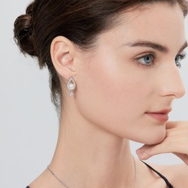 jiamiaoi 18K White Gold Plated Pearl Earrings Hanging Earrings Silver 925 Pearl Earrings Hanger Beads Earrings Sterling Silver Earrings Pearls 8 mm, Silver