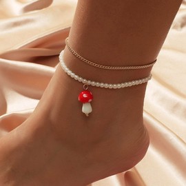 Inateannal Bohemian Pearl Beaded Anklet Personality Mushroom Pendant Ankle Chains 2Pcs Summer Beach Ankle Bracelet Body Jewelry for Women and Girls