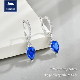 VESHON Silver Sapphire Earrings 7x10mm Birthstone Inverted Pear-shaped Gemstone Earrings 925 Sterling Silver Teardrop Crystal Dangle Earrings Jewelry for Women