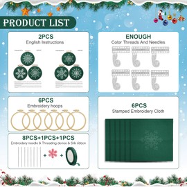6 Sets Christmas Embroidery kit for Beginners, Retro Green Christmas Ornaments, Winter Snowflakes Needlepoint Cross Stitch Kits, Stitch Kit with Thread, Needles, for Christmas Celebration-Green