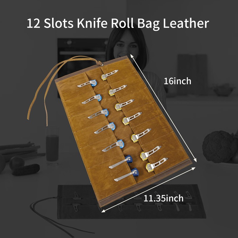 Baizoy leather Knife Display Bag with 12 Slots Pocket Knives,Folding