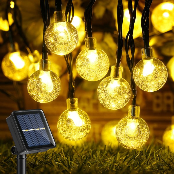Joomer Outdoor Solar String Lights 45.5Ft 60 LED Solar Powered String Lights Waterproof,8 Modes Crystal Ball Lights Solar Fairy Patio Lights for Garden, Lawn, Porch, Gazebo, Bistro(Warm White)