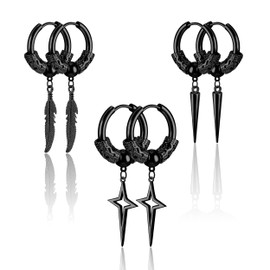 GUIJUEYE 3 Pairs Dangle Hoop Earrings Set for Men, Surgical Steel Hanging Huggie Hoop Earrings with Spike/Feather/Cross Star Charms (Black)