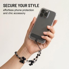 10 Pezzi Set Ciondoli per Telefono, 5 Cinturini con Perline e 5 Adesivi Universali, Stili Carini a Tema (Fiocco, Cuore, Orsetto), per Cellulare e Custodia, Bianco e Nero
