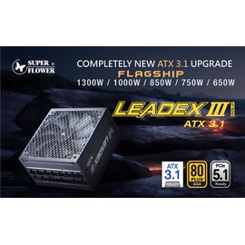 Super Flower Leadex III ATX 3.1 1300W, Cybenetics Platinum, 80+ Gold, 10 Years Warranty, ECO Semi-Fanless Mode, FDB Fan with Copper Shaft, Full Modular Power Supply, SF-1300F14GE, Black
