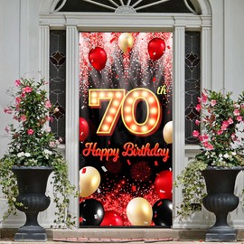 Happy 70th Birthday Backdrop Banner Black and Red Theme Background with Neon Shiny Fashion Birthday Party Photo Photography Prop Booth Door Background for Men Women Celebration 35.4x72.8in-BECKTEN