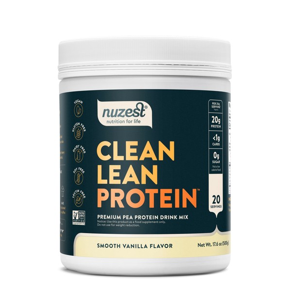 Nuzest - Pea Protein Powder - Clean Lean Protein, Premium Vegan Plant Based, Dairy Free, Gluten Free, GMO Free, Naturally Sweetened Protein Shake, Smooth Vanilla, 20 Servings, 1.1 lb