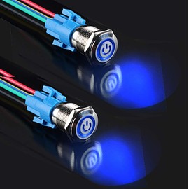 GUUZI 2 Pieces Locking Push Button Switch 1NO1NC Waterproof Stainless Steel Housing 220V-230V/5A LED Ring Illuminated Switch with Wire Female Plug Suitable for 16mm Mounting Hole (Blue)