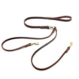 Wellbro Real Leather Double Dog Leash, No Tangle Dual Dog Leashes with Heavy Duty Shiny Coupler, 5 Feet Pet Training and Walking Leads for 2 Puppies, Small and Medium Dogs, Brown