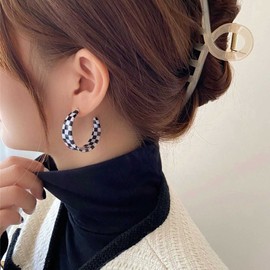 Cimenexe Bohemian Black White Striped Earrings Geometric Square Pattern Stud Earrings Large C Shape Dangle Earrings Acrylic Checked Earrings Jewellery for Women and Girls Gifts