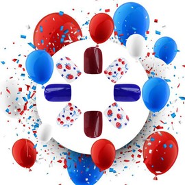 4th of July Press on Nails Short Square Fake Nails Red Blue Star Strawberry Cherry False Nails Stick on Nails Independence Day Acrylic Nails Glossy Nails Decorate for Women 24 Pcs