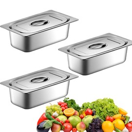 Breading Bowls Set of 3 GN Containers with Lid, Gastronorm Container, Stainless Steel Breading Set for Chops, Heat-resistant Gastro Containers, 17.5 x 11 x 10 cm