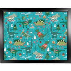 Dinosaur Lap Tray: Childrens Bean Bag Cushioned Laptop Lap Desk, Padded TV Dinner Food Eating Tray Table (Christmas Dinosaurs Turquoise, Black Frame)